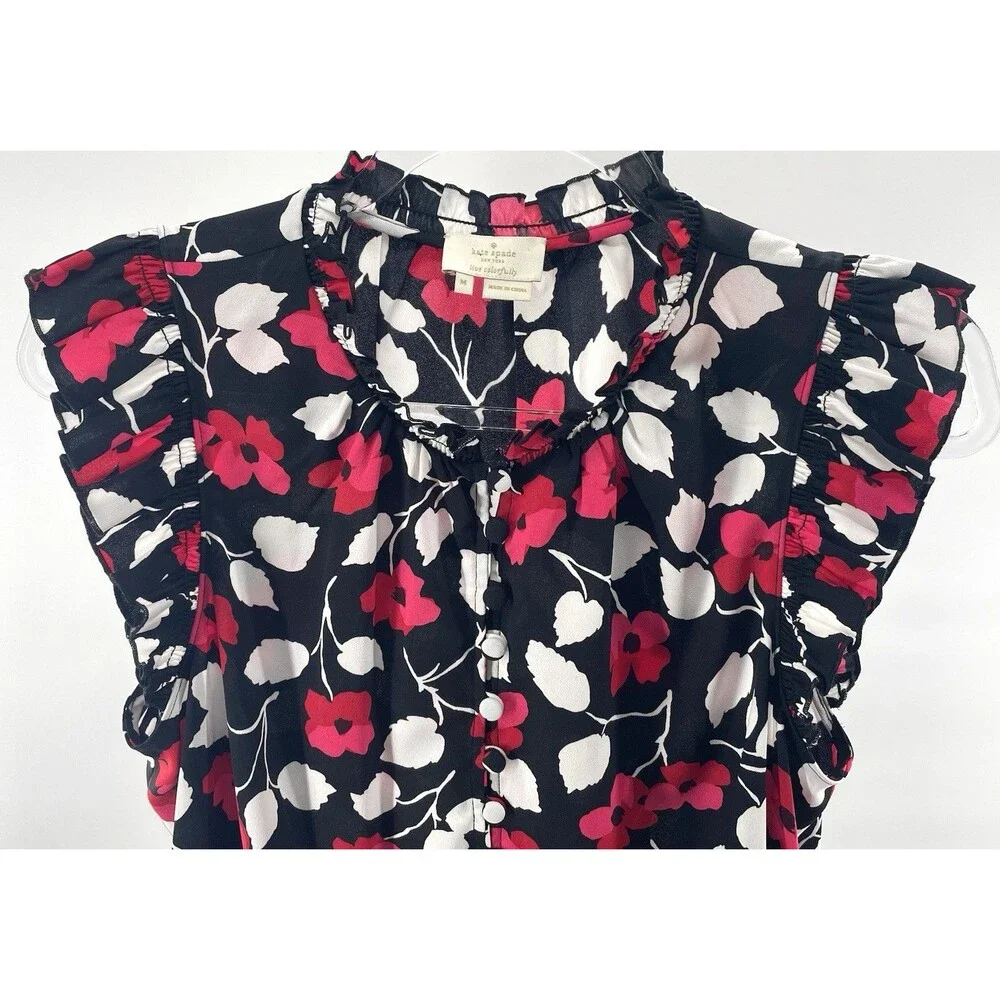Kate Spade New York Live Colorfully Floral Ruffle Blouse Medium Black Pink Boho